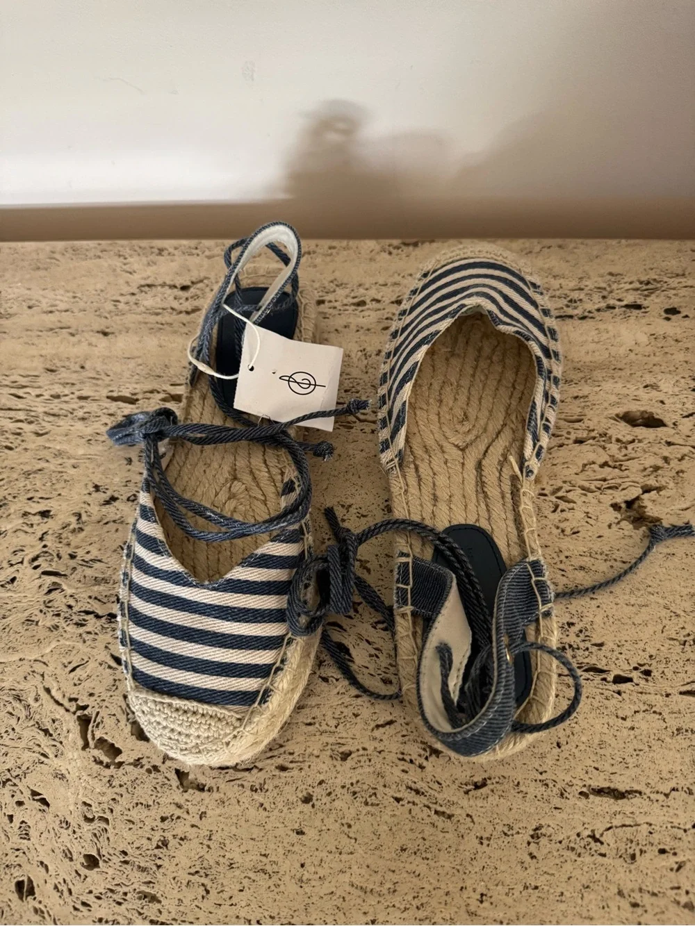 Stradivarius Navy and White Striped Espadrilles with Ankle Tie. Size EU37/US6.5